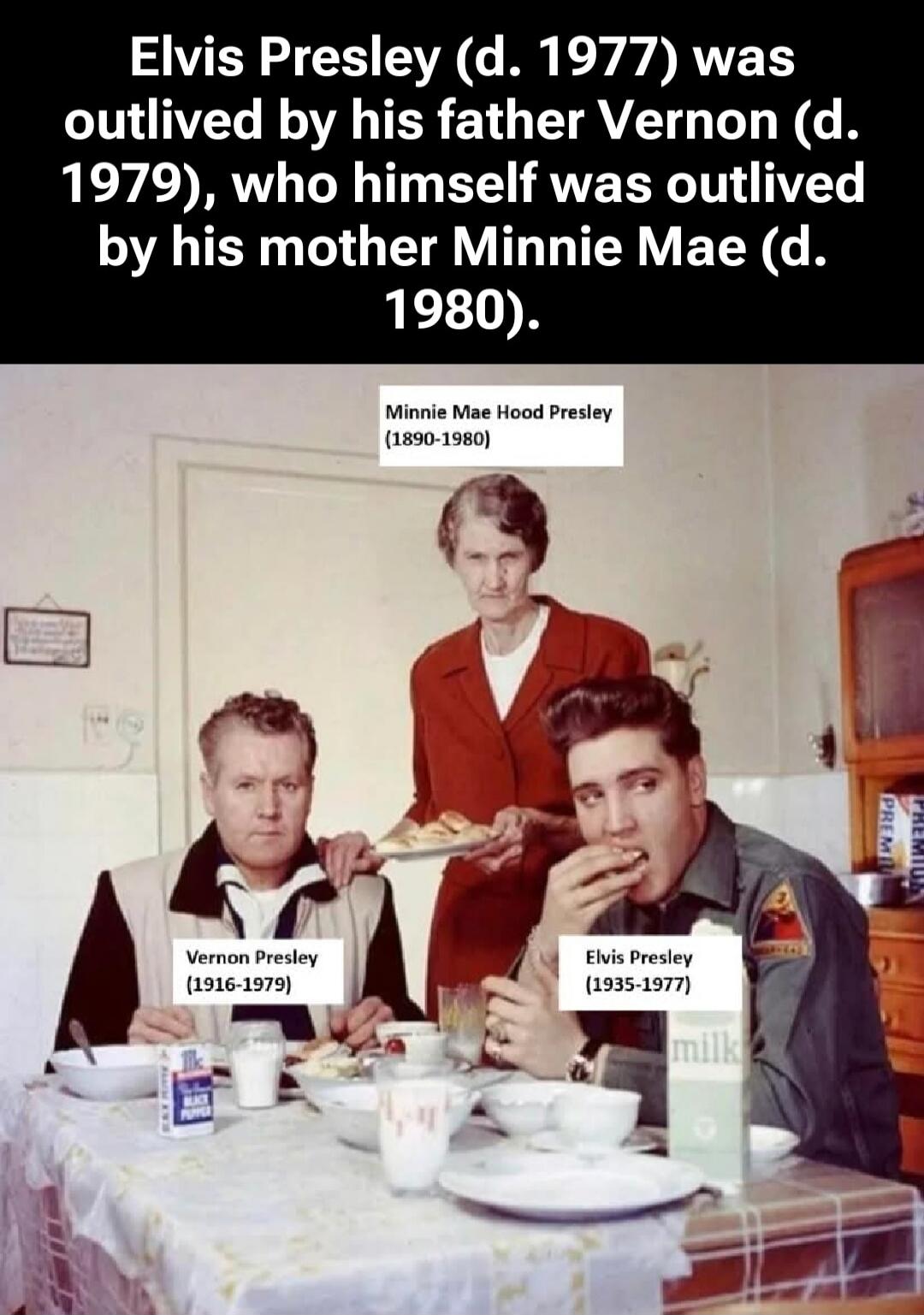 Elvis Presley (d. 1977) was outlived by his father Vernon (d. 1979), who himself was outlived by his mother Minnie Mae (d. 1980).
Minnie Mae Hood Presley (1890-1980)
Vernon Presley (1916-1979)
Elvis Presley (1935-1977)