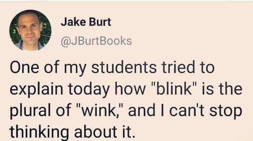 Jake Burt JBurtBooks One of my students tried to explain today how blink is the plural of wink and cant stop thinking about it