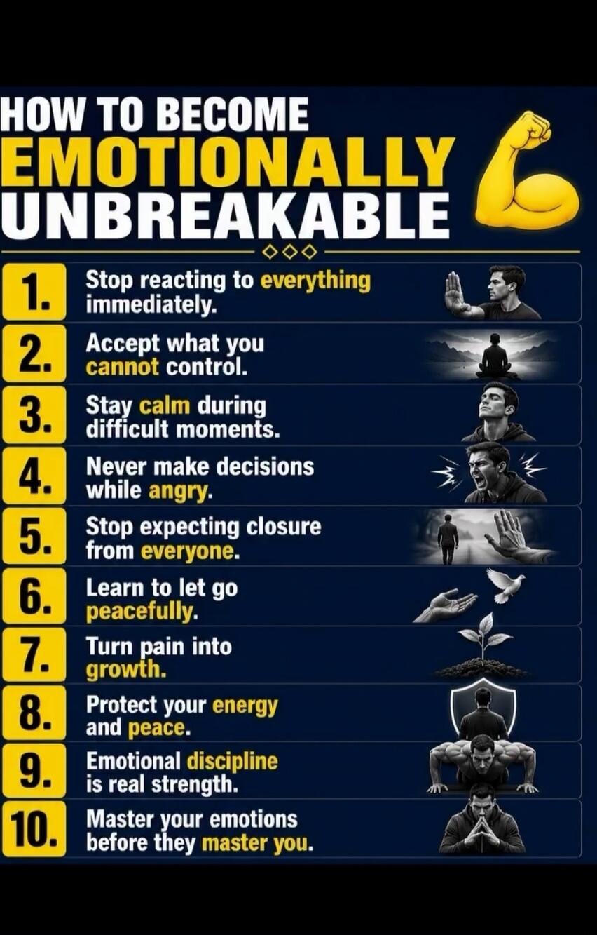 HOW TO BECOME EMOTIONALLY UNBREAKABLE. 1. Stop reacting to everything immediately. 2. Accept what you cannot control. 3. Stay calm during difficult moments. 4. Never make decisions while angry. 5. Stop expecting closure from everyone. 6. Learn to let go peacefully. 7. Turn pain into growth. 8. Protect your energy and peace. 9. Emotional discipline 