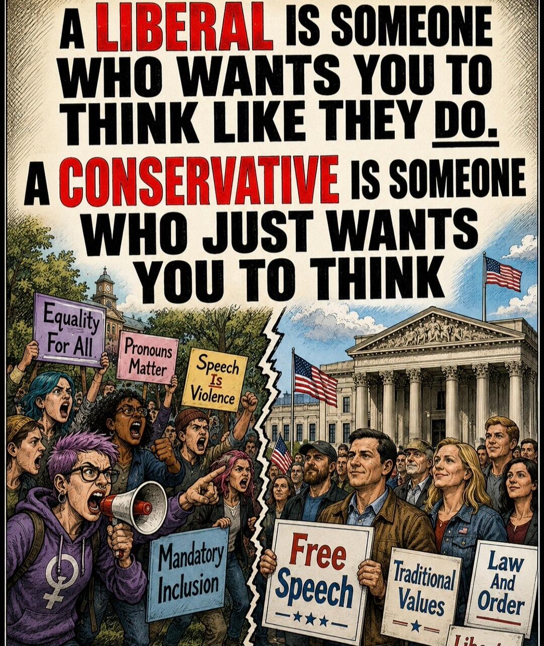 A LIBERAL IS SOMEONE WHO WANTS YOU TO THINK LIKE THEY DO. A CONSERVATIVE IS SOMEONE WHO JUST WANTS YOU TO THINK. Equality For All. Pronouns Matter. Speech Is Violence. Mandatory Inclusion. Free Speech. Traditional Values. Law And Order.