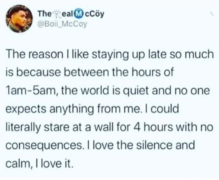 The ealcCoy Boii_McCoy The reason like staying up late so much is because between the hours of Tam 5am the world is quiet and no one expects anything from me could literally stare at a wall for 4 hours with no consequences love the silence and calm l love it