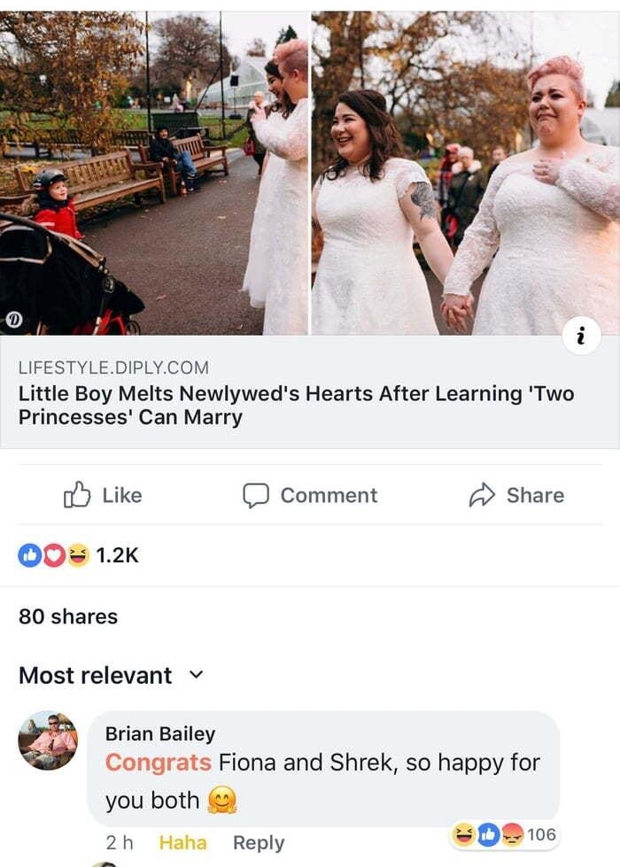 LIFESTYLEDIPLYCOM Little Boy Melts Newlyweds Hearts After Learning Two Princesses Can Marry oy Like J Comment Share O0 12K 80 shares Most relevant v Brian Bailey Congrats Fiona and Shrek so happy for you both 2 2h Reply D 06