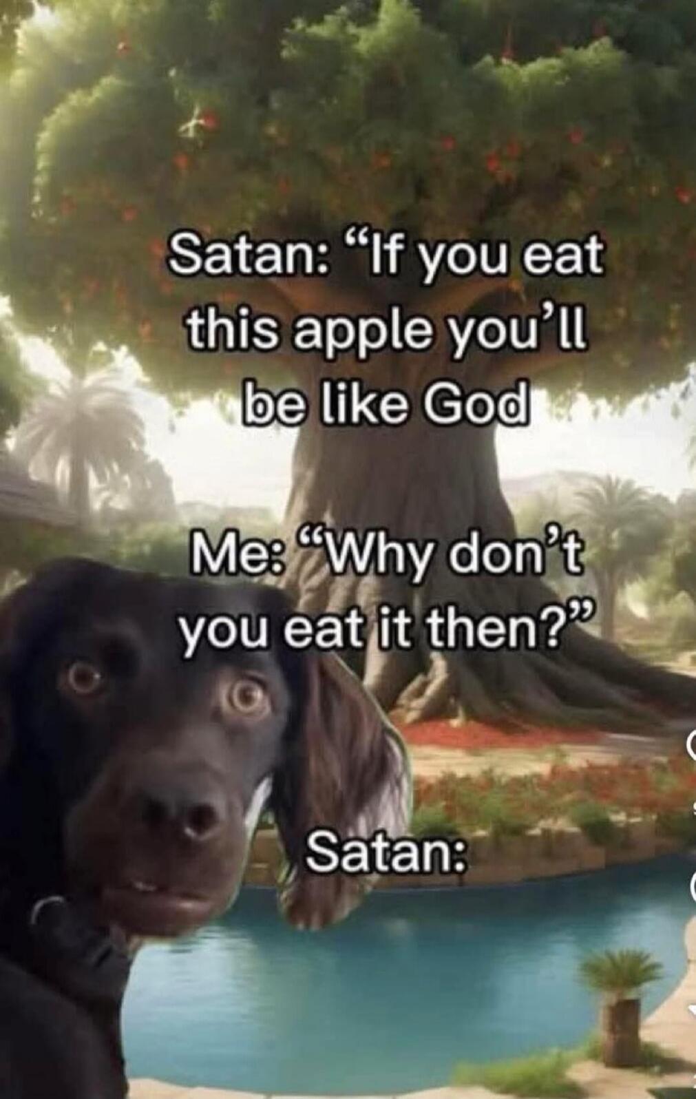 Satan: “If you eat this apple you’ll be like God Me: “Why don’t you eat it then?” Satan: