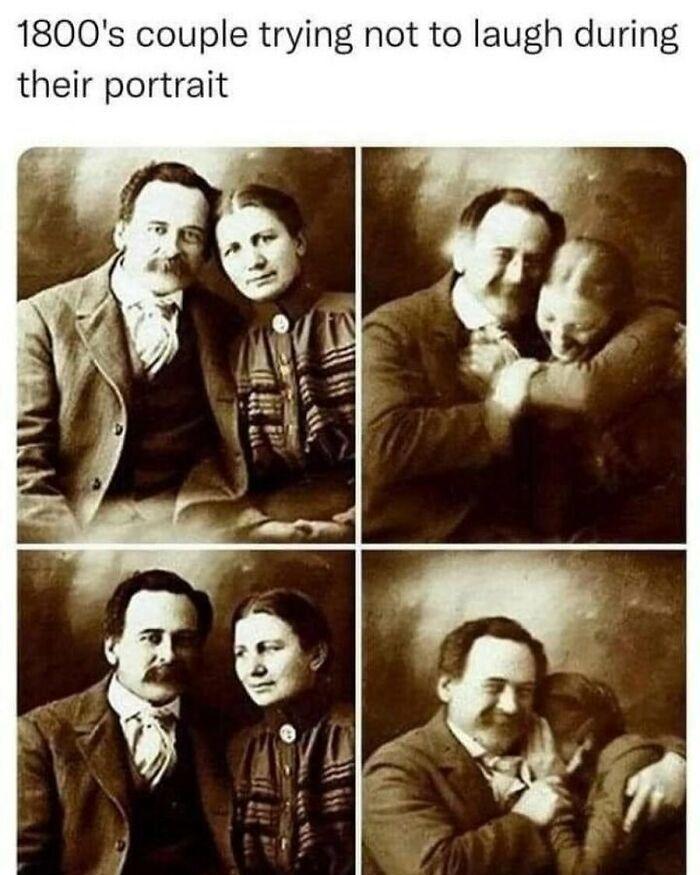 1800s couple trying not to laugh during their portrait