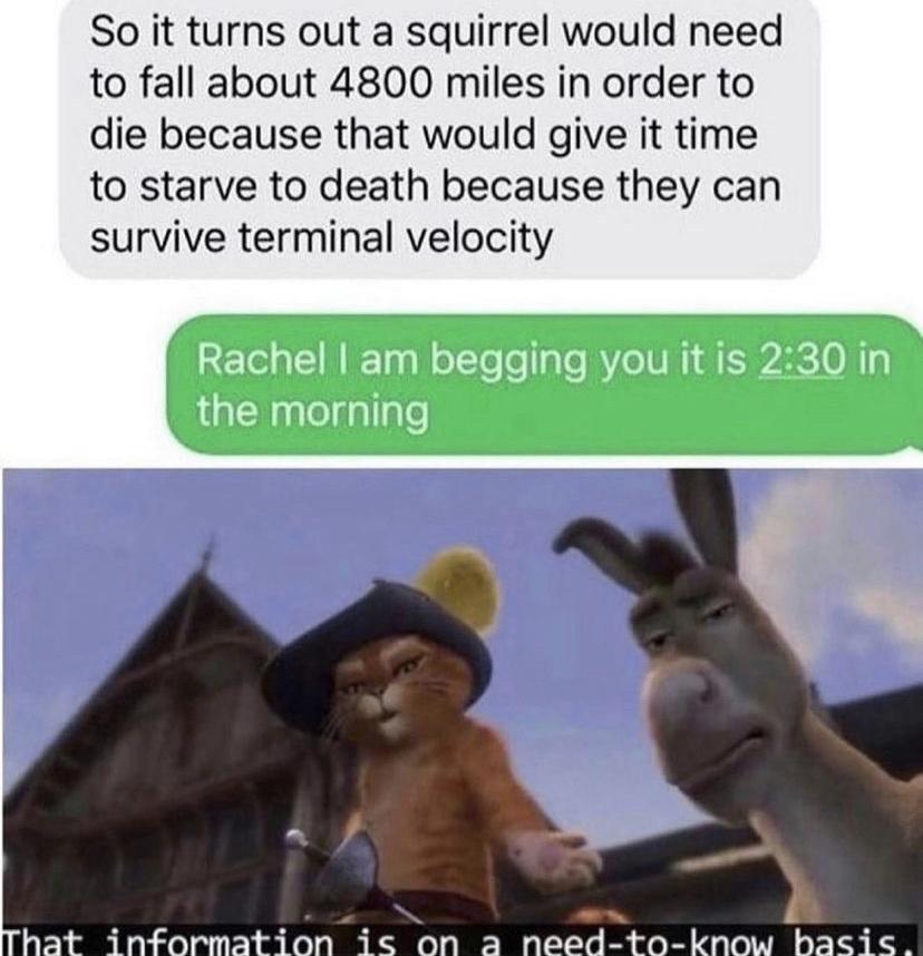 So it turns out a squirrel would need to fall about 4800 miles in order to die because that would give it time to starve to death because they can survive terminal velocity 2E ol o 1 IFTo g WoTYo e IaTo VeIV NI A ISI2A4C 0 N o alWaqledallale 5 y Tk i That information i on a need to know bacis