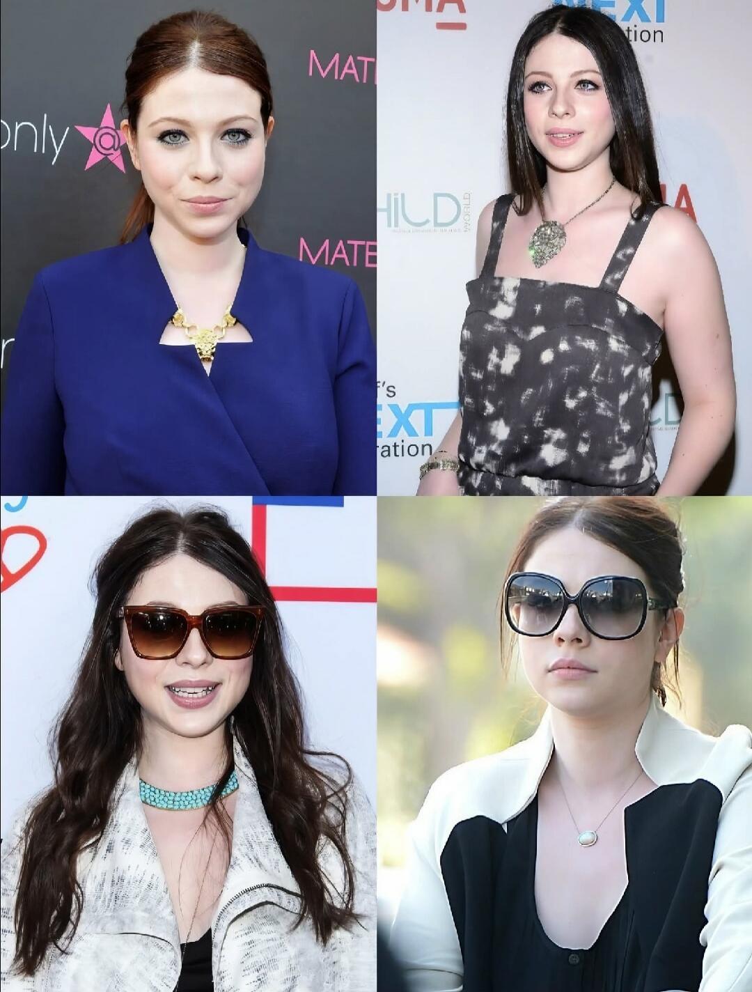 A collage of four portraits of actress Michelle Trachtenberg. In the top left, she has red hair and wears a blue top with a gold necklace. In the top right, she has dark hair and wears a patterned top with a large necklace. In the bottom left, she wears sunglasses and a white patterned jacket with a turquoise necklace. In the bottom right, she wear