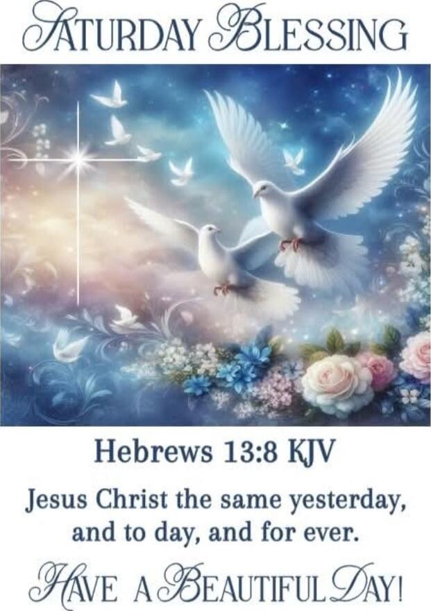 Saturday Blessing
Hebrews 13:8 KJV
Jesus Christ the same yesterday, and to day, and for ever.
Have A Beautiful Day!