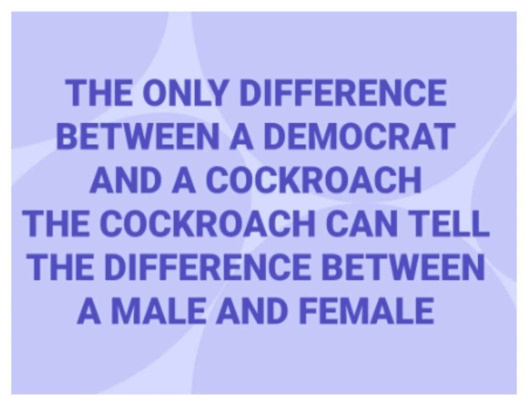 THE ONLY DIFFERENCE BETWEEN A DEMOCRAT AND A COCKROACH THE COCKROACH CAN TELL THE DIFFERENCE BETWEEN A MALE AND FEMALE