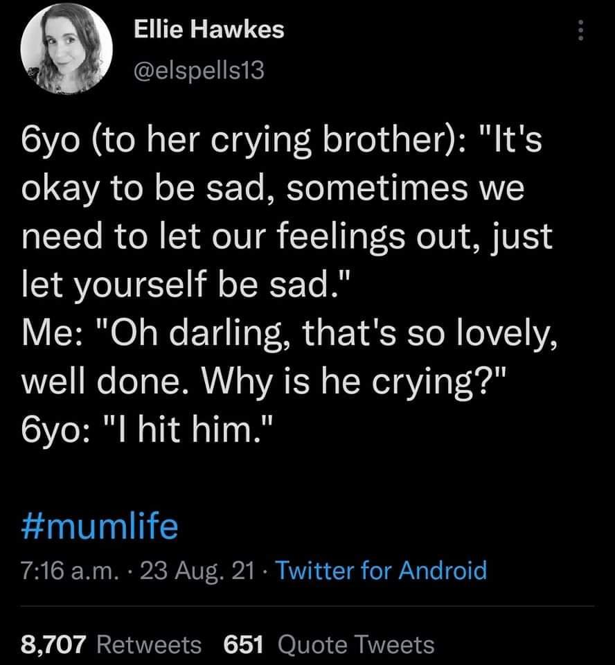 b Ellie Hawkes s elspells13 6yo to her crying brother Its o ol oT To METe LY d I SISV need to let our feelings out just let yourself be sad V B o Wo F T4 TaT AR E o M eV1 VA well done Why is he crying 6yo l hit him NG 716 am 23 Aug 21 Twitter for Android 30y g R Y AVVEETE e 15 IO W o R RWVZETEES