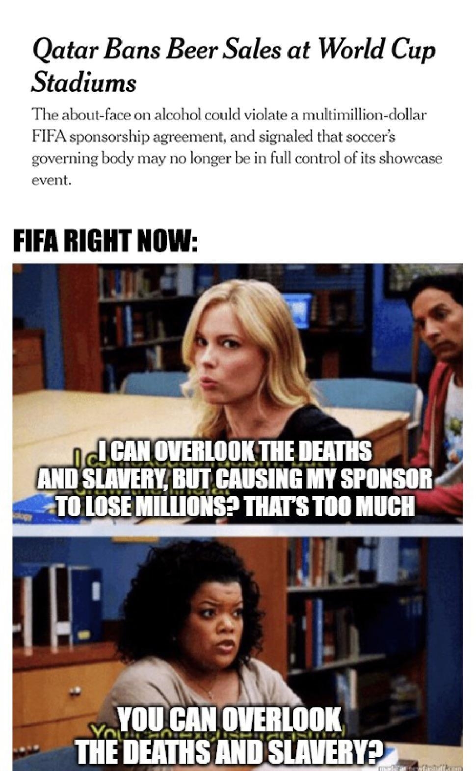 Qatar Bans Beer Sales at World Cup Stadiums The about face on alcohol could violate a multimillion dollar FIFA sponsorship agreement a aled that soccers governing body may no longer be in full control of its showcase event FIFA RIGHT NOW