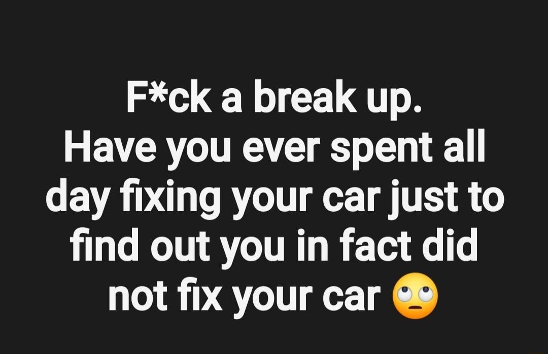 F*ck a break up. Have you ever spent all day fixing your car just to find out you in fact did not fix your car 🙄