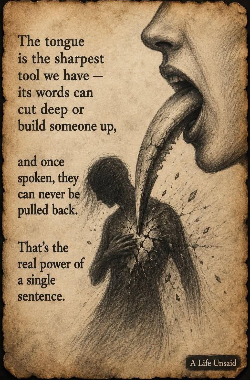 The tongue is the sharpest tool we have — its words can cut deep or build someone up, and once spoken, they can never be pulled back. That's the real power of a single sentence. A Life Unsaid
