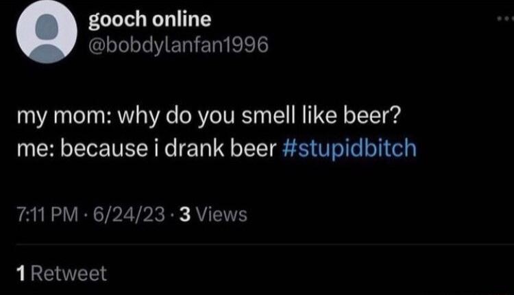 gooch online GLI LY ERIE YT my mom why do you smell like beer me because i drank beer stupidbitch 711PM 62423 3 Views 1Retweet