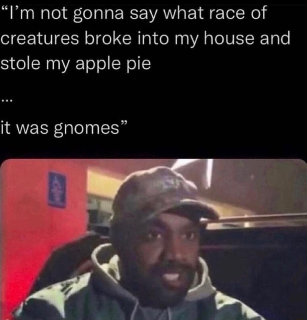 Im not gonna say what race of creatures broke into my house and stole my apple pie it was gnomes