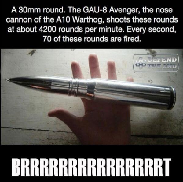 A 30mm round. The GAU-8 Avenger, the nose cannon of the A10 Warthog, shoots these rounds at about 4200 rounds per minute. Every second, 70 of these rounds are fired. BRRRRRRRRRRRRRRT