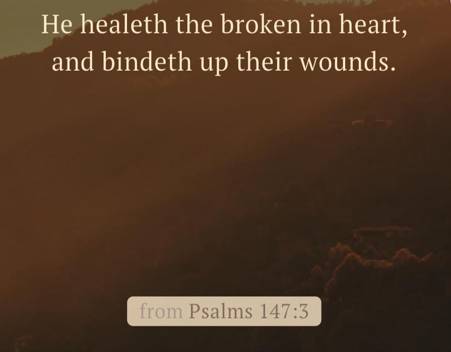 He healeth the broken in heart, and bindeth up their wounds. from Psalms 147:3
