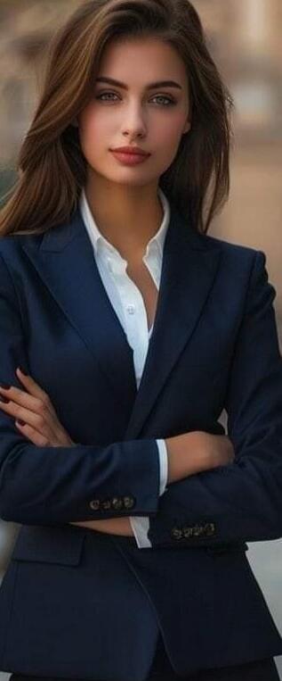 A beautiful woman with long brown hair, wearing a dark blue suit jacket and a white shirt, with her arms crossed. She looks professional and confident.