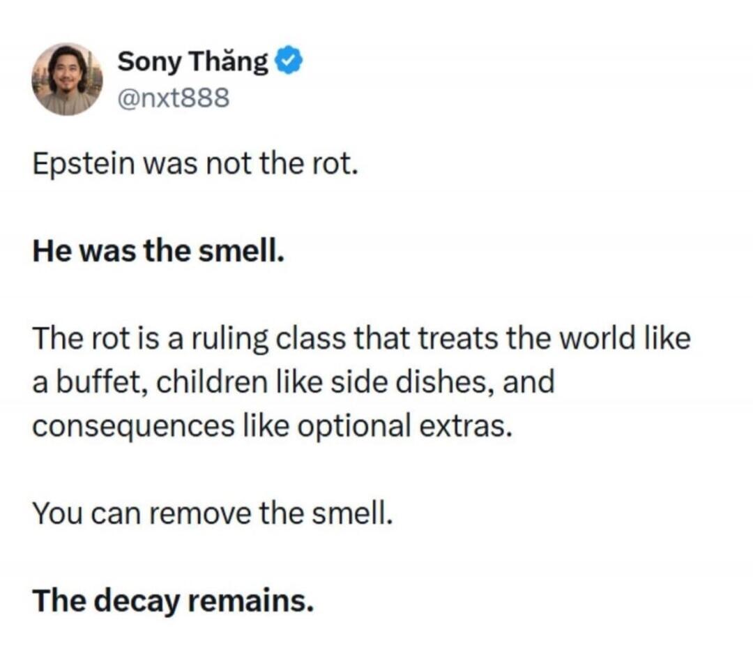 Epstein was not the rot. He was the smell. The rot is a ruling class that treats the world like a buffet, children like side dishes, and consequences like optional extras. You can remove the smell. The decay remains.