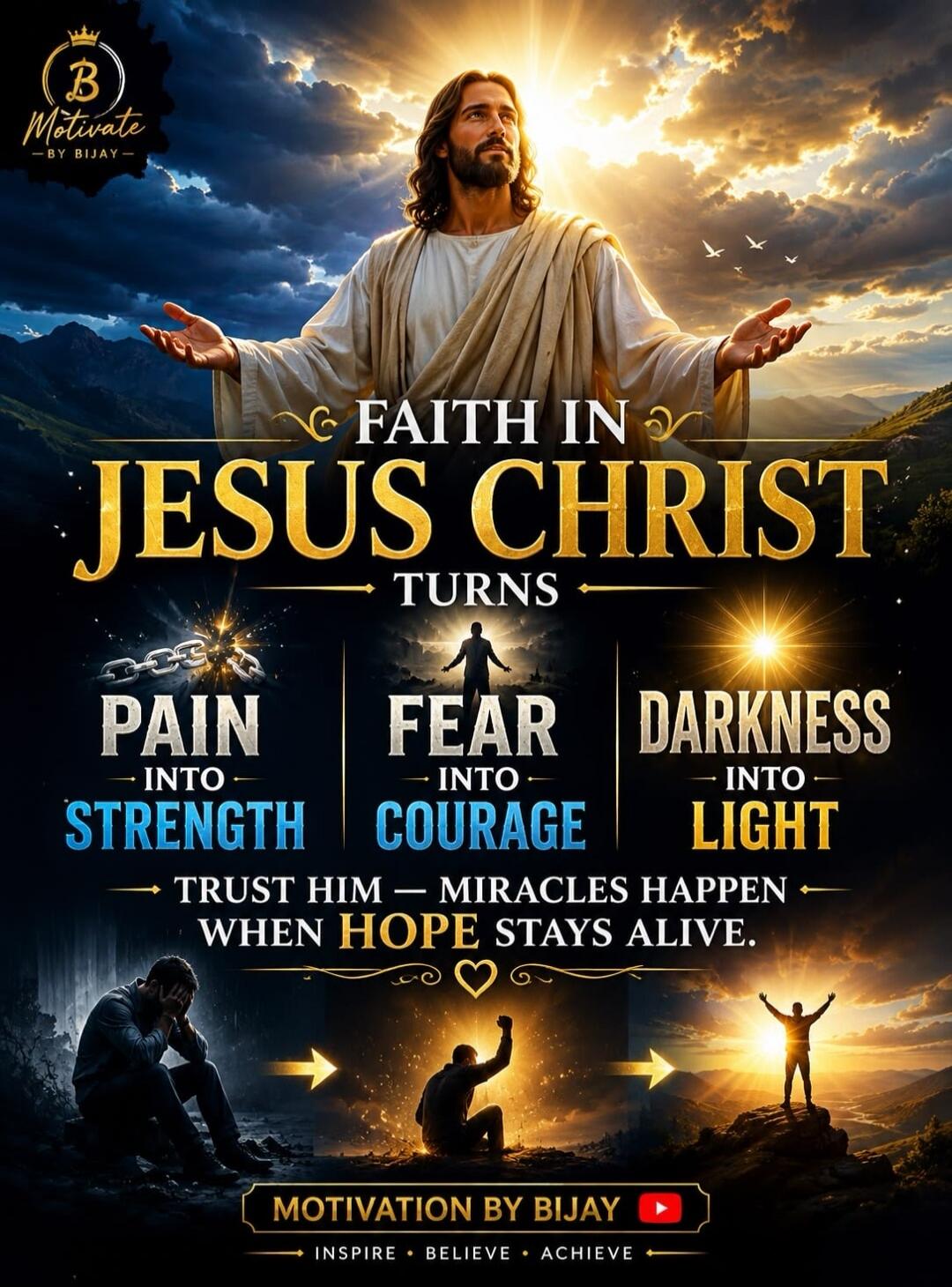 B Motivate - BY BIJAY - FAITH IN JESUS CHRIST TURNS PAIN INTO STRENGTH, FEAR INTO COURAGE, DARKNESS INTO LIGHT. TRUST HIM - MIRACLES HAPPEN WHEN HOPE STAYS ALIVE. MOTIVATION BY BIJAY. INSPIRE • BELIEVE • ACHIEVE.