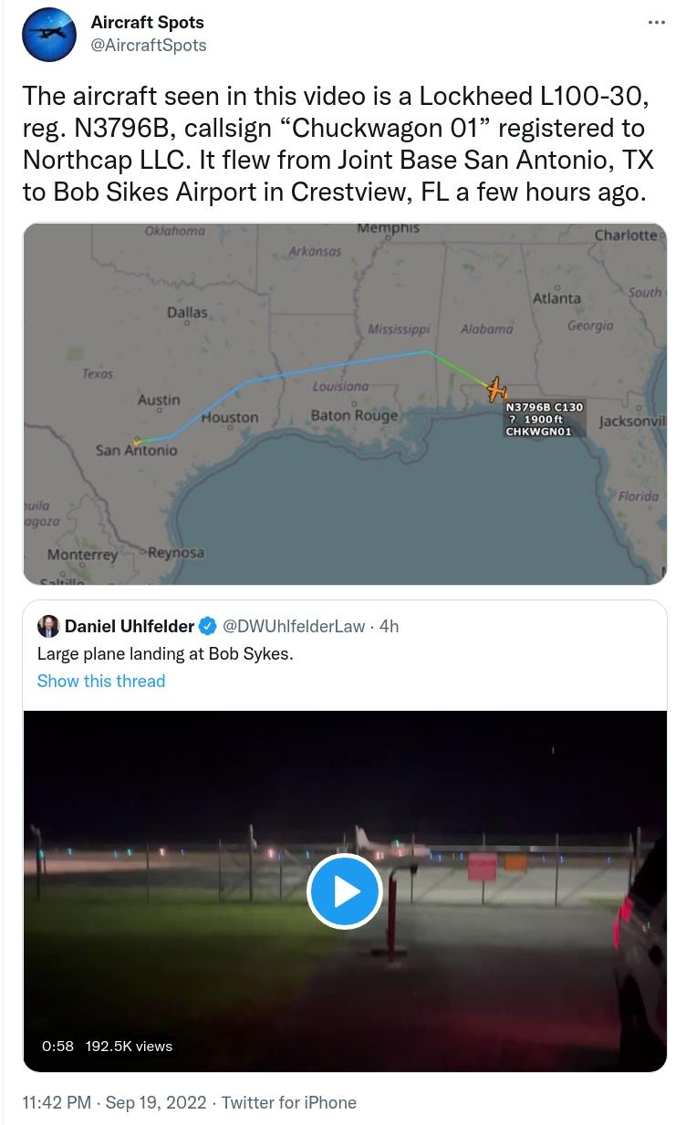 The aircraft seen in this video is a Lockheed L100 30 reg N3796B callsign Chuckwagon O1 registered to Northcap LLC It flew from Joint Base San Antonio TX to Bob Sikes Airport in Crestview FL a few hours ago Daniel Unifeider DU Large piane landing a Bob Sykes Show this thead 42p 187 Rotwosts 18 Quote Tweets 367 Lk