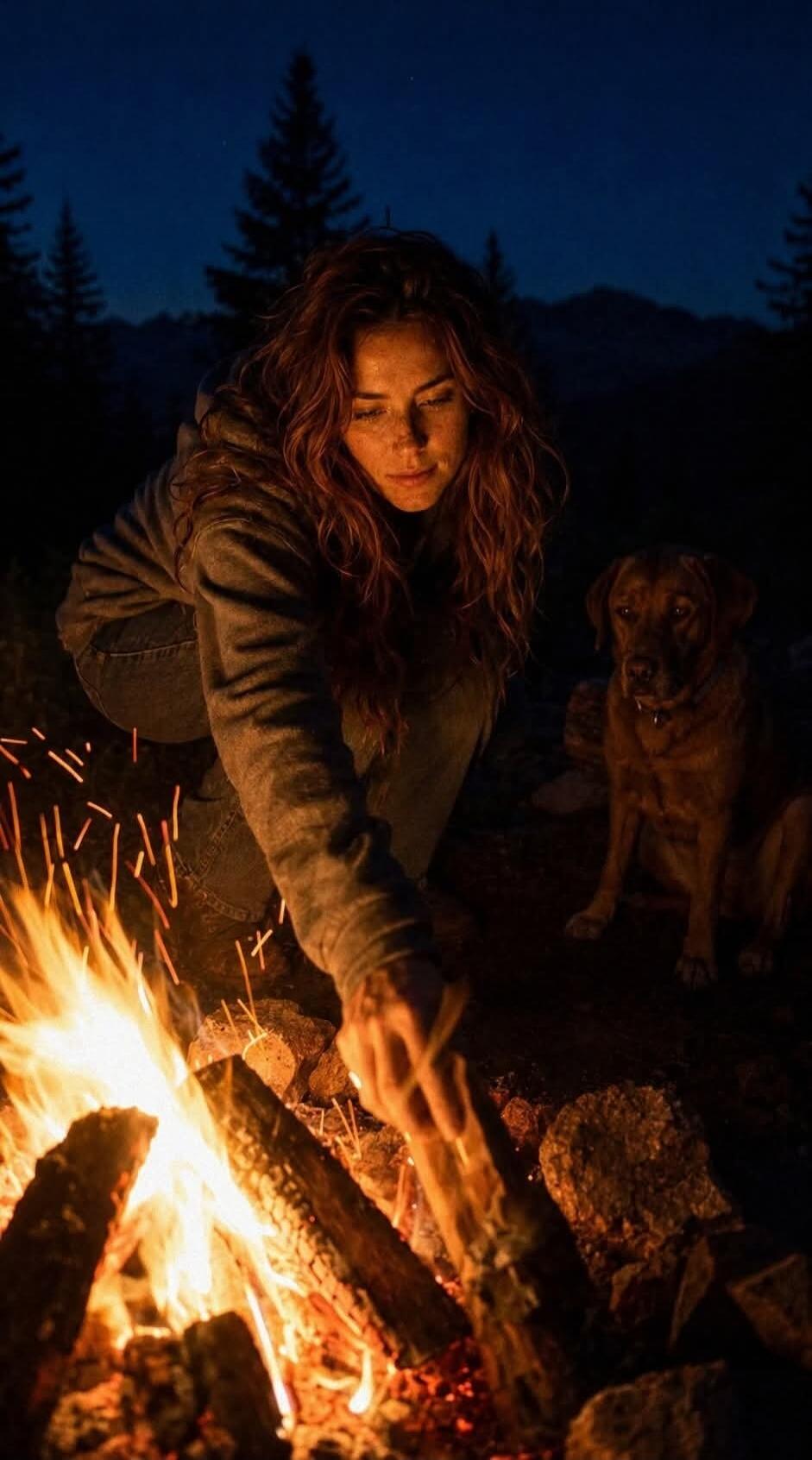 A woman is tending to a campfire at night, adding a log to the flames, with a dog sitting beside her.