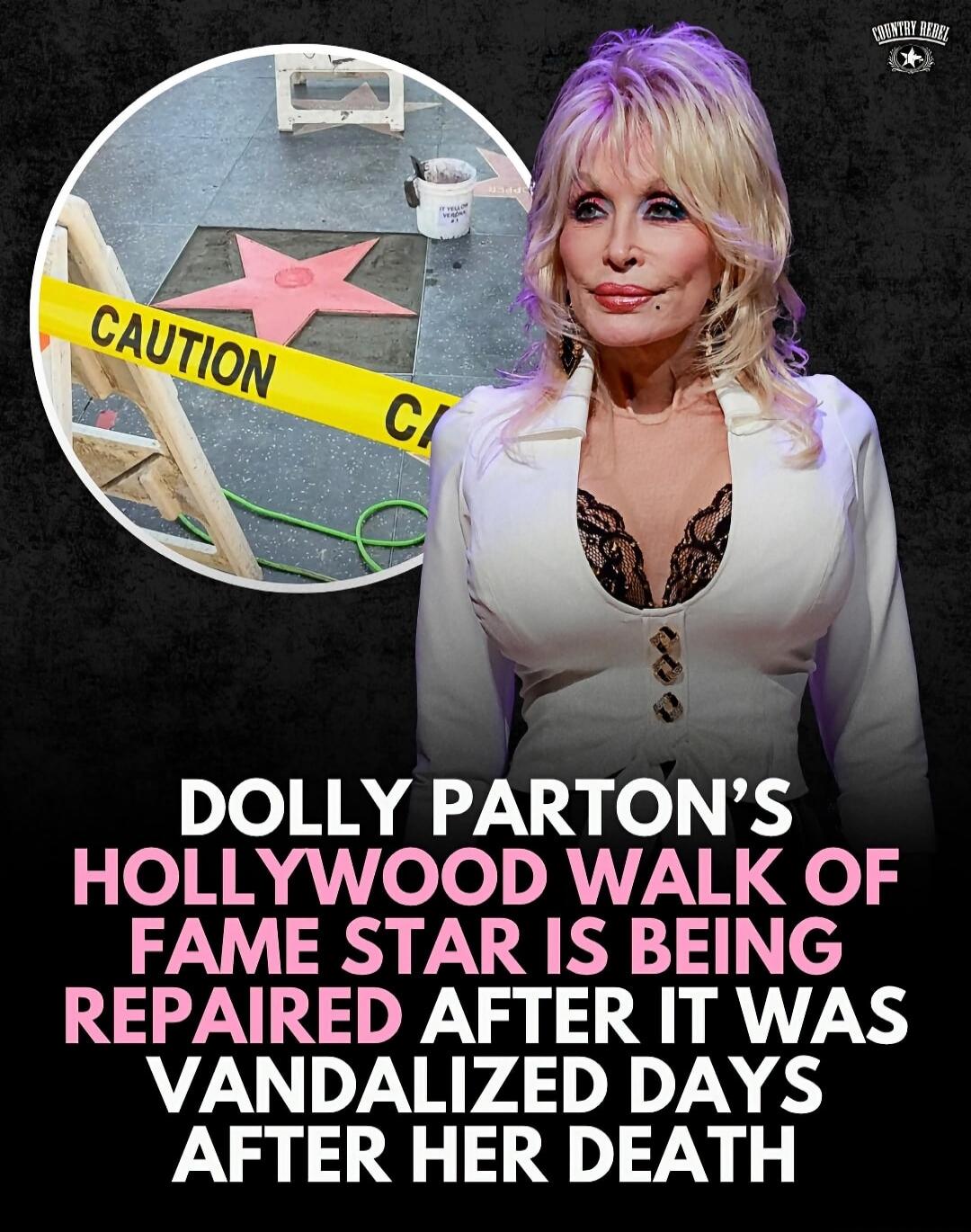 Dolly Parton's Hollywood Walk of Fame star is being repaired after it was vandalized days after her death. Caution.