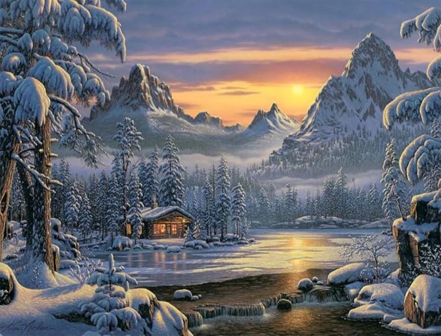 A snowy winter landscape with a cabin by a frozen lake, snow-covered trees, and mountains at sunset.