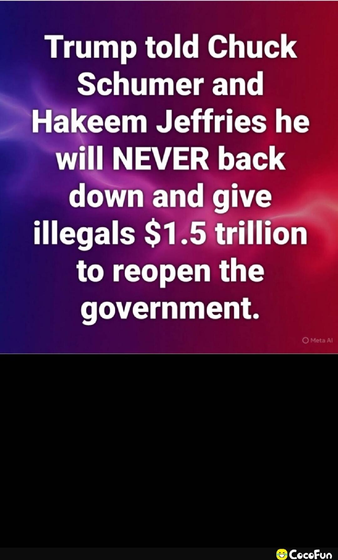 Trump told Chuck Schumer and Hakeem Jeffries he will NEVER back down and give illegals $1.5 trillion to reopen the government.