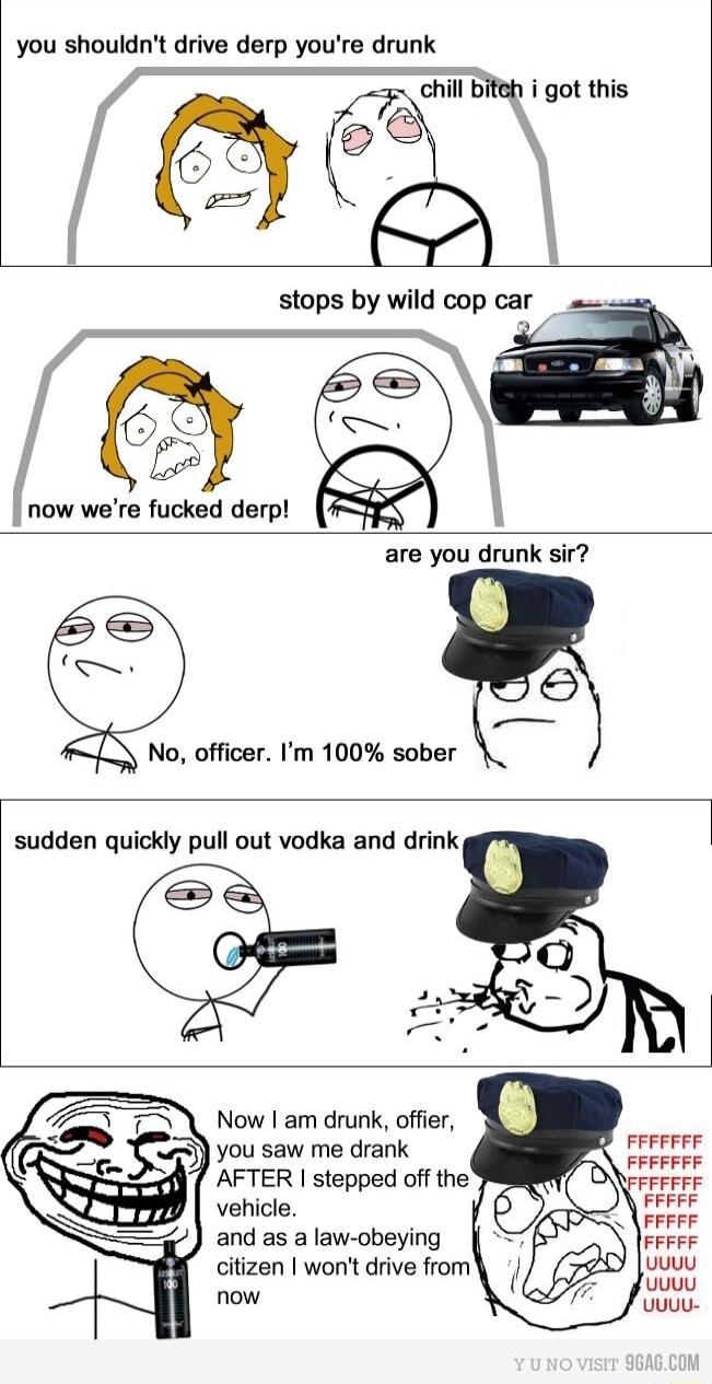 you shouldnt drive derp youre drunk stops by wild cop car E now were fucked derp are you drunk sir Now am drunk offier you saw me drank fasssosd AFTER stepped off the vehicle and as a law obeying citizen wont drive from now