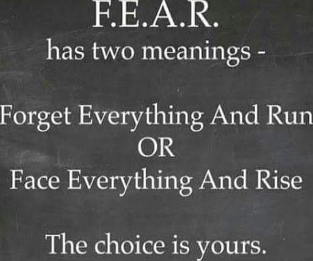 F.E.A.R. has two meanings - Forget Everything And Run OR Face Everything And Rise The choice is yours.
