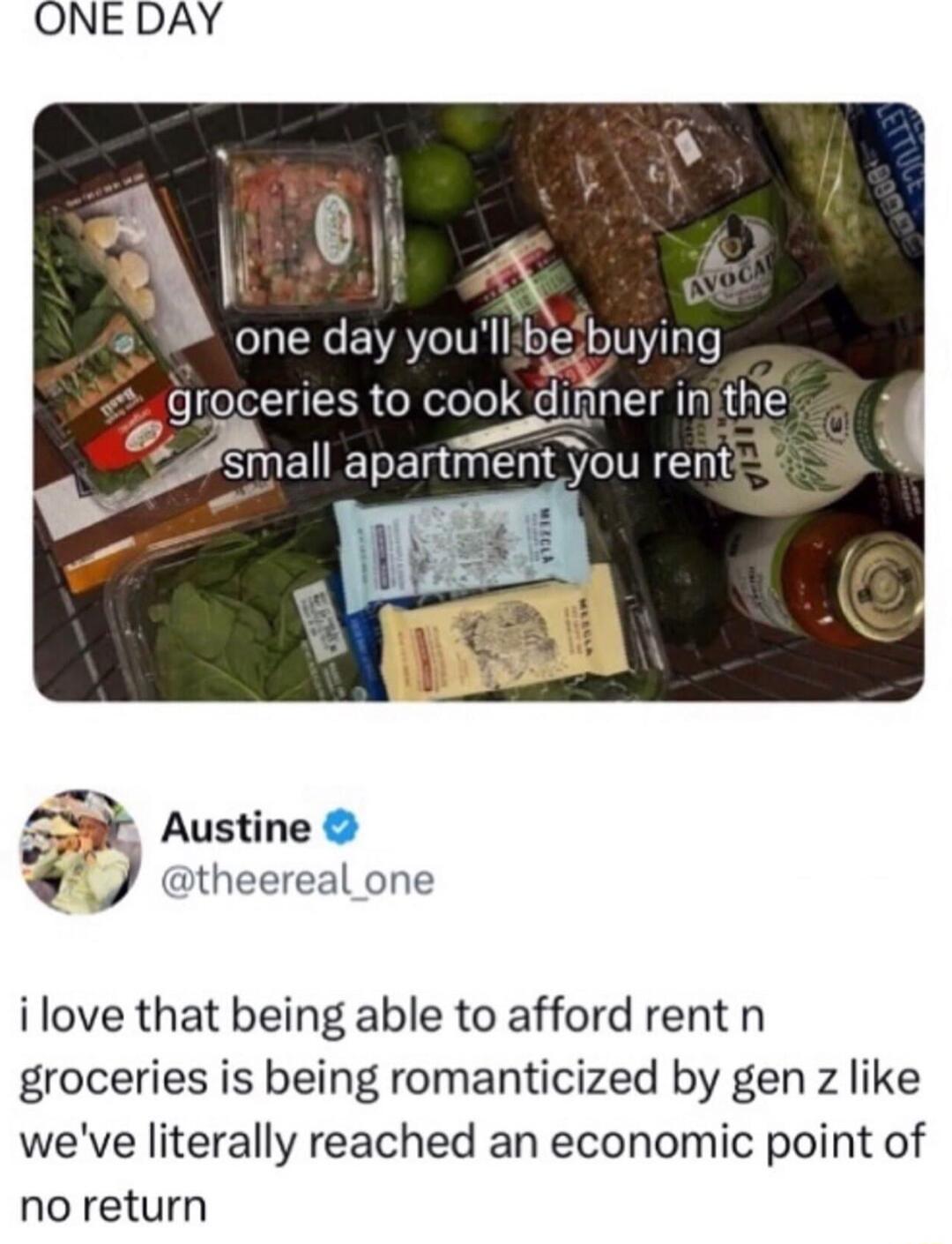 ONE DAY 0 _ one day you i_ Austine atheereal one ilove that being able to afford rent n groceries is being romanticized by gen z like weve literally reached an economic point of no return