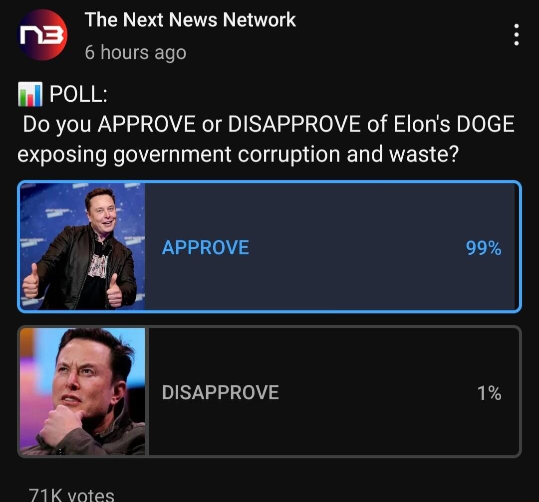 n The Next News Network 6 hours ago W POLL Do you APPROVE or DISAPPROVE of Elons DOGE exposing government corruption and waste o Y DISAPPROVE 1 21K votes