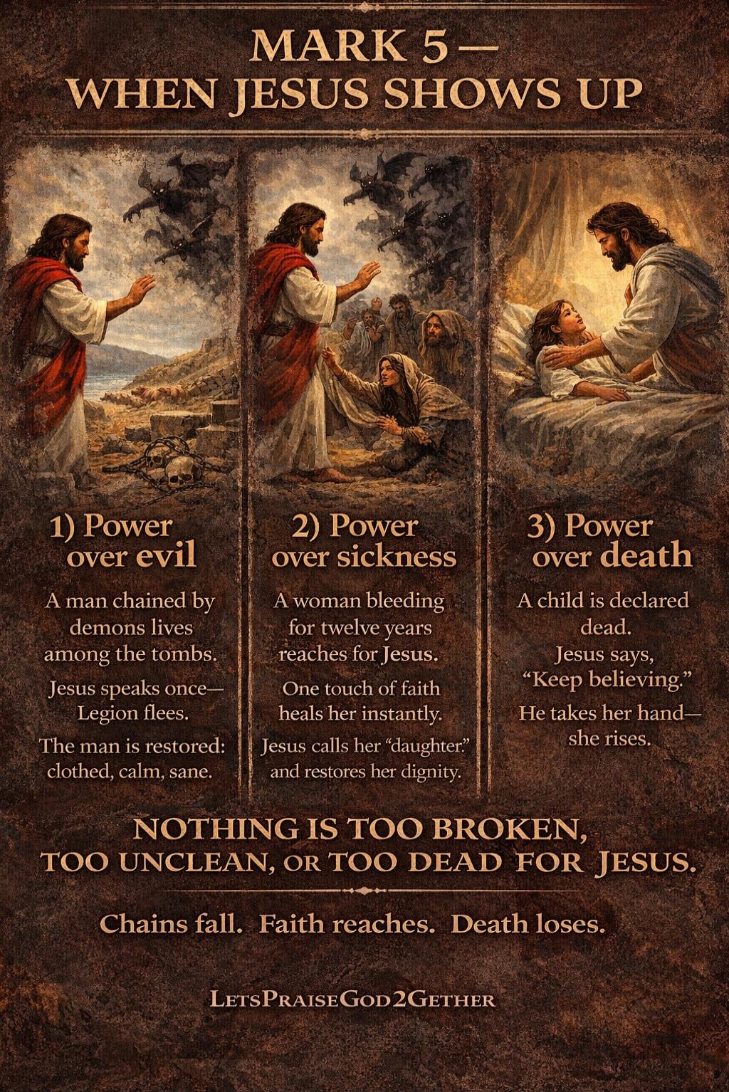 MARK 5 — WHEN JESUS SHOWS UP

1) Power over evil
A man chained by demons lives among the tombs. Jesus speaks once—Legion flees. The man is restored: clothed, calm, sane.

2) Power over sickness
A woman bleeding for twelve years reaches for Jesus. One touch of faith heals her instantly. Jesus calls her 'daughter' and restores her dignity.

3) Power 