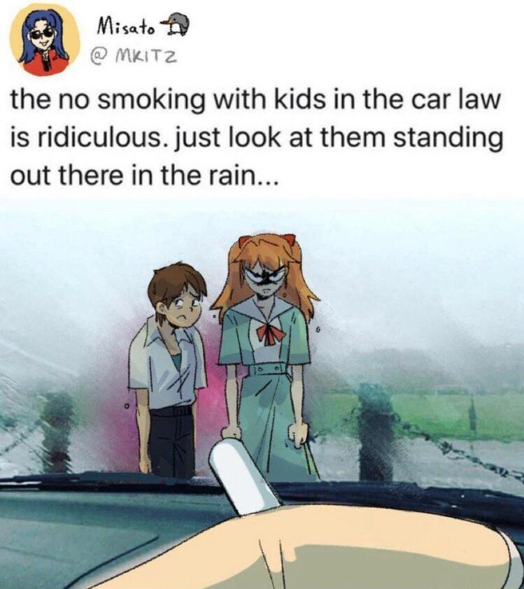 Misato 19 the no smoking with kids in the car law is ridiculous just look at them standing out there in the rain