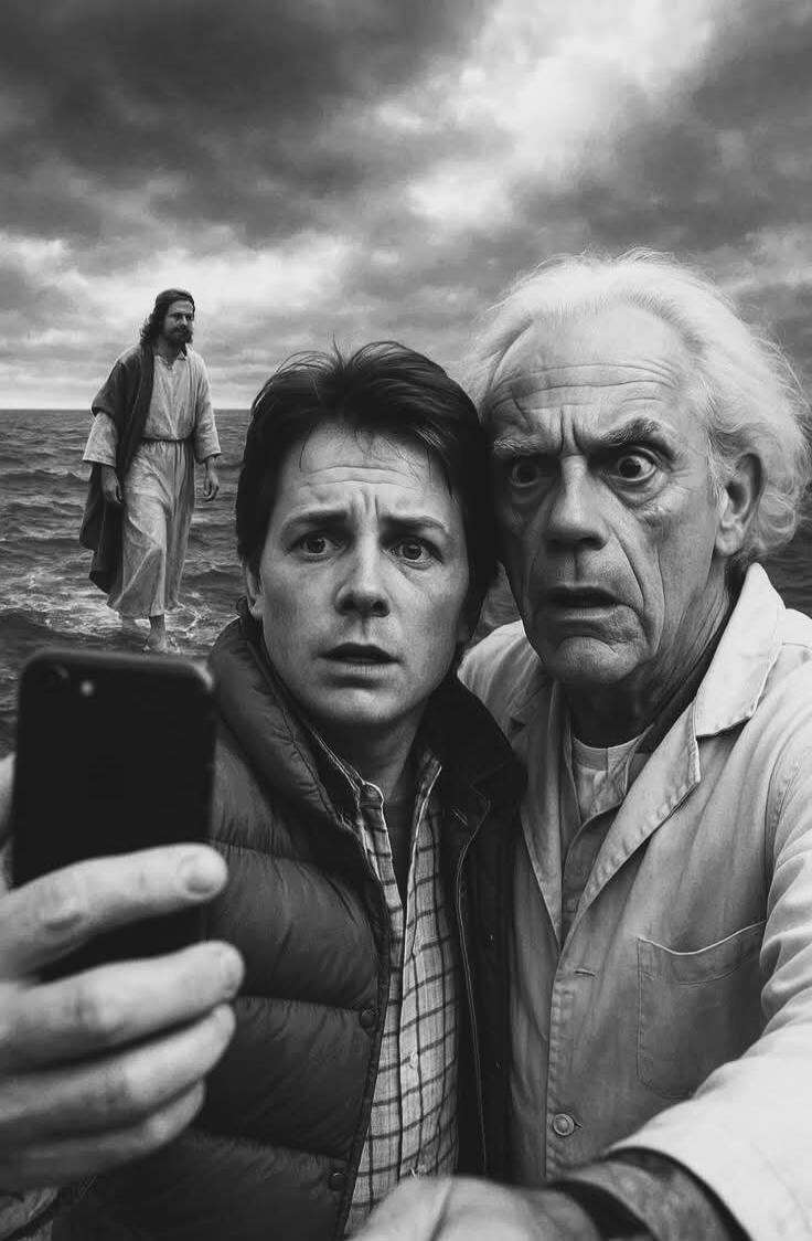 Marty McFly and Doc Brown from Back to the Future take a selfie with Jesus Christ walking on water in the background. All three characters look surprised or confused.