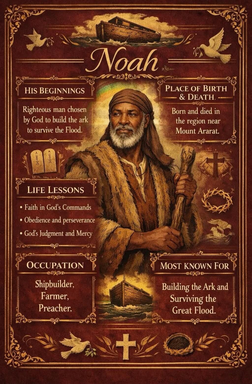 Noah. HIS BEGINNINGS: Righteous man chosen by God to build the ark to survive the Flood. PLACE OF BIRTH & DEATH: Born and died in the region near Mount Ararat. LIFE LESSONS: Faith in God's Commands, Obedience and perseverance, God's Judgment and Mercy. OCCUPATION: Shipbuilder, Farmer, Preacher. MOST KNOWN FOR: Building the Ark and Surviving the Gre