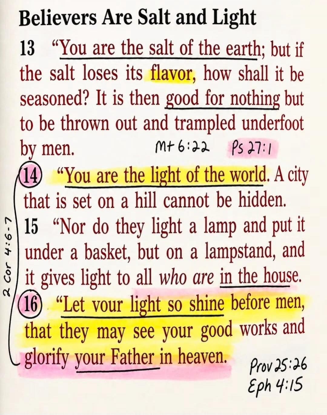 Believers Are Salt and Light. You are the salt of the earth; but if the salt loses its flavor, how shall it be seasoned? It is then good for nothing but to be thrown out and trampled underfoot by men. You are the light of the world. A city that is set on a hill cannot be hidden. Nor do they light a lamp and put it under a basket, but on a lampstand