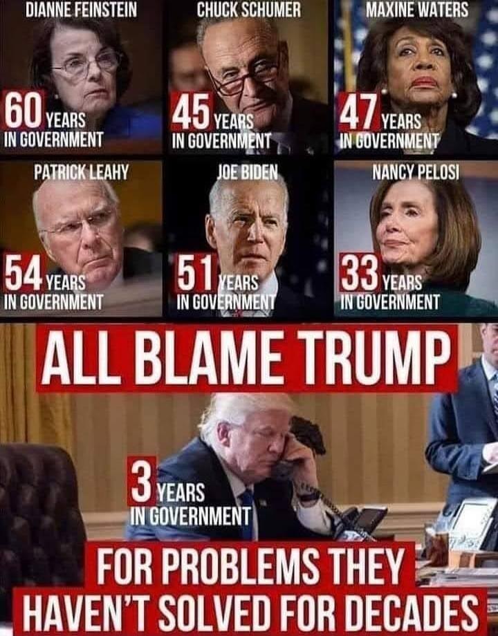 DIANNE FEINSTEIN 60 YEARS IN GOVERNMENT CHUCK SCHUMER 45 YEARS IN GOVERNMENT MAXINE WATERS 47 YEARS IN GOVERNMENT PATRICK LEAHY 54 YEARS IN GOVERNMENT JOE BIDEN 51 YEARS IN GOVERNMENT NANCY PELOSI 33 YEARS IN GOVERNMENT ALL BLAME TRUMP 3 YEARS IN GOVERNMENT FOR PROBLEMS THEY HAVEN'T SOLVED FOR DECADES