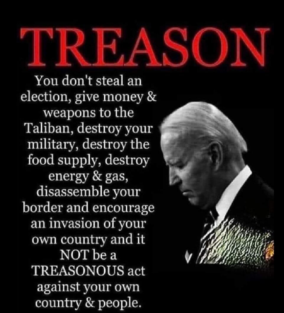 TREASON You don't steal an election, give money & weapons to the Taliban, destroy your military, destroy the food supply, destroy energy & gas, disassemble your border and encourage an invasion of your own country and it NOT be a TREASONOUS act against your own country & people.