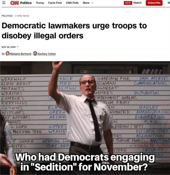 Democratic lawmakers urge troops to disobey illegal orders
Who had Democrats engaging in 