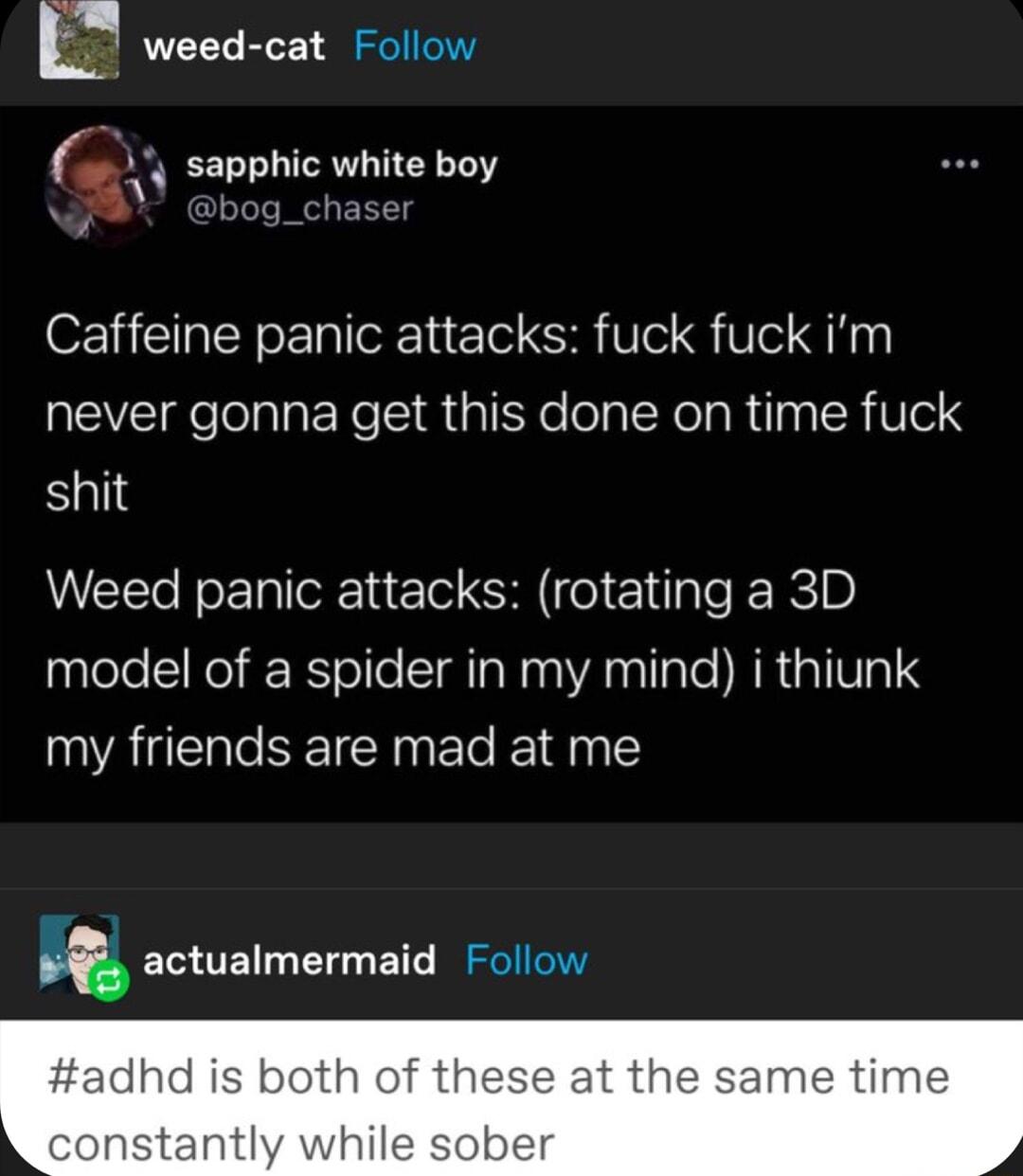 L weed cat Follow sapphic white boy Caffeine panic attacks fuck fuck im never gonna get this done on time fuck shit WCE R ERE e SR o El e FEReiB model of a spider in my mind i thiunk my friends are mad at me 5 actualmermaid Follow
