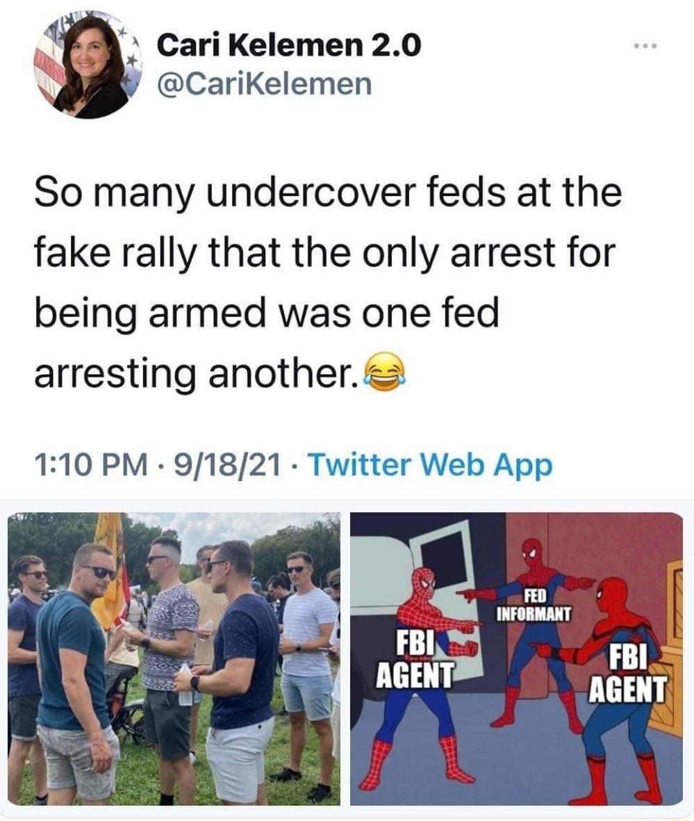 Cari Kelemen 20 y CariKelemen So many undercover feds at the fake rally that the only arrest for being armed was one fed arresting another 110 PM 91821 Twitter Web App Xl FED INFORMANT