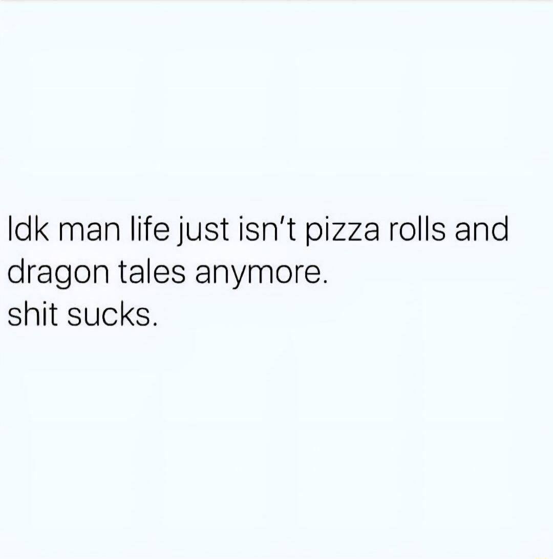 Idk man life just isn’t pizza rolls and dragon tales anymore. shit sucks.
