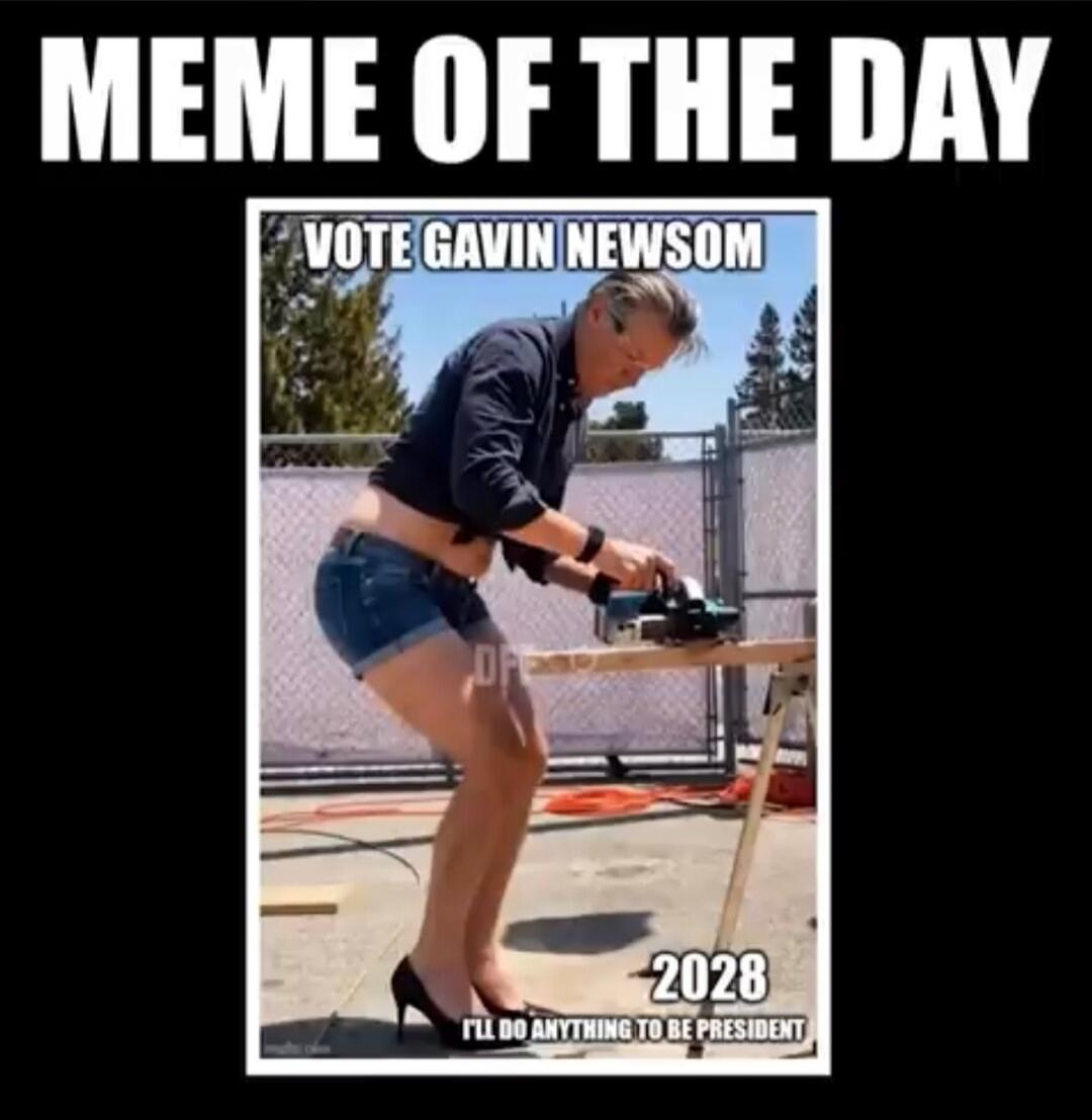 MEME OF THE DAY VOTE GAVIN NEWSOM 2028 I'LL DO ANYTHING TO BE PRESIDENT