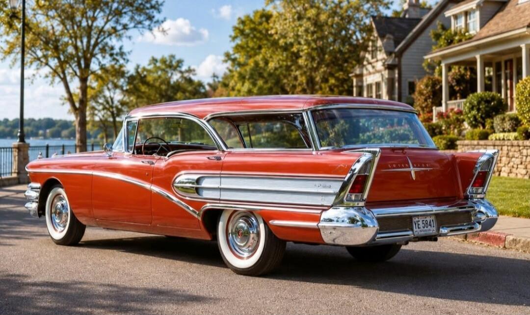 A vintage orange car with chrome details and prominent tail fins is parked on a street. In the background, there are houses, trees, and a body of water under a blue sky.
