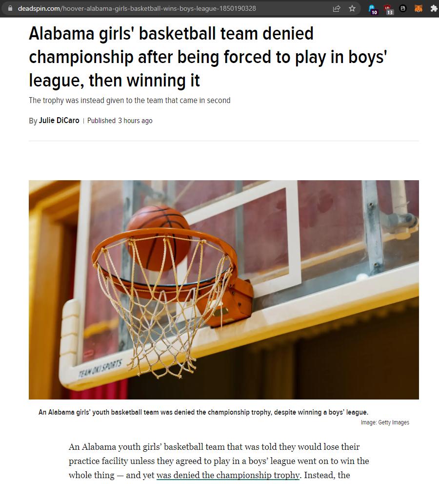 Alabama girls basketball team denied championship after being forced to play in boys league then winning it e g e e 4 i v i i An Abama youth g asketel e that vas toldthey would o thls proctc focily unlss theyagrood 0l n aboy eague went ot v the el b o e e e g ol Tkt