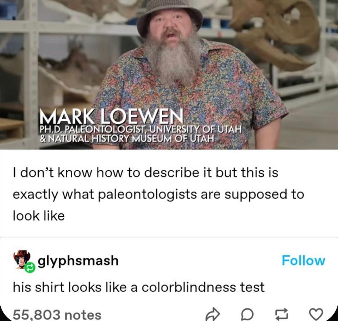 MARK LOEWEN PHD_PALEONTOLOGIST UNIVERSITYOF UTAH BANATURALHISTORY MUSEUM OF UTAH dont know how to describe it but this is exactly what paleontologists are supposed to look like glyphsmash Follo his shirt looks like a colorblindness test 55 803 notes A D o O4
