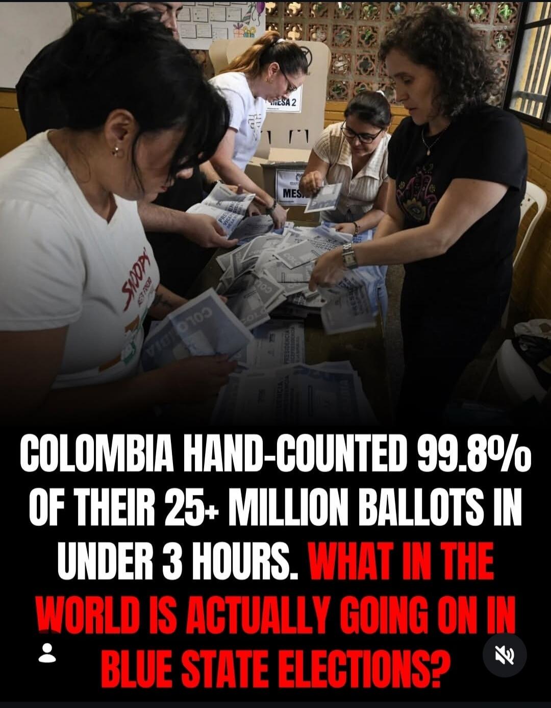 COLOMBIA HAND-COUNTED 99.8% OF THEIR 25+ MILLION BALLOTS IN UNDER 3 HOURS. WHAT IN THE WORLD IS ACTUALLY GOING ON IN BLUE STATE ELECTIONS?