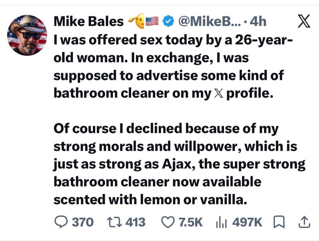 I was offered sex today by a 26-year-old woman. In exchange, I was supposed to advertise some kind of bathroom cleaner on my X profile. Of course I declined because of my strong morals and willpower, which is just as strong as Ajax, the super strong bathroom cleaner now available scented with lemon or vanilla.