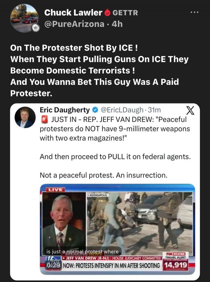 On The Protester Shot By ICE ! When They Start Pulling Guns On ICE They Become Domestic Terrorists ! And You Wanna Bet This Guy Was A Paid Protester. 

Eric Daugherty (tweet): JUST IN - REP. JEFF VAN DREW: 